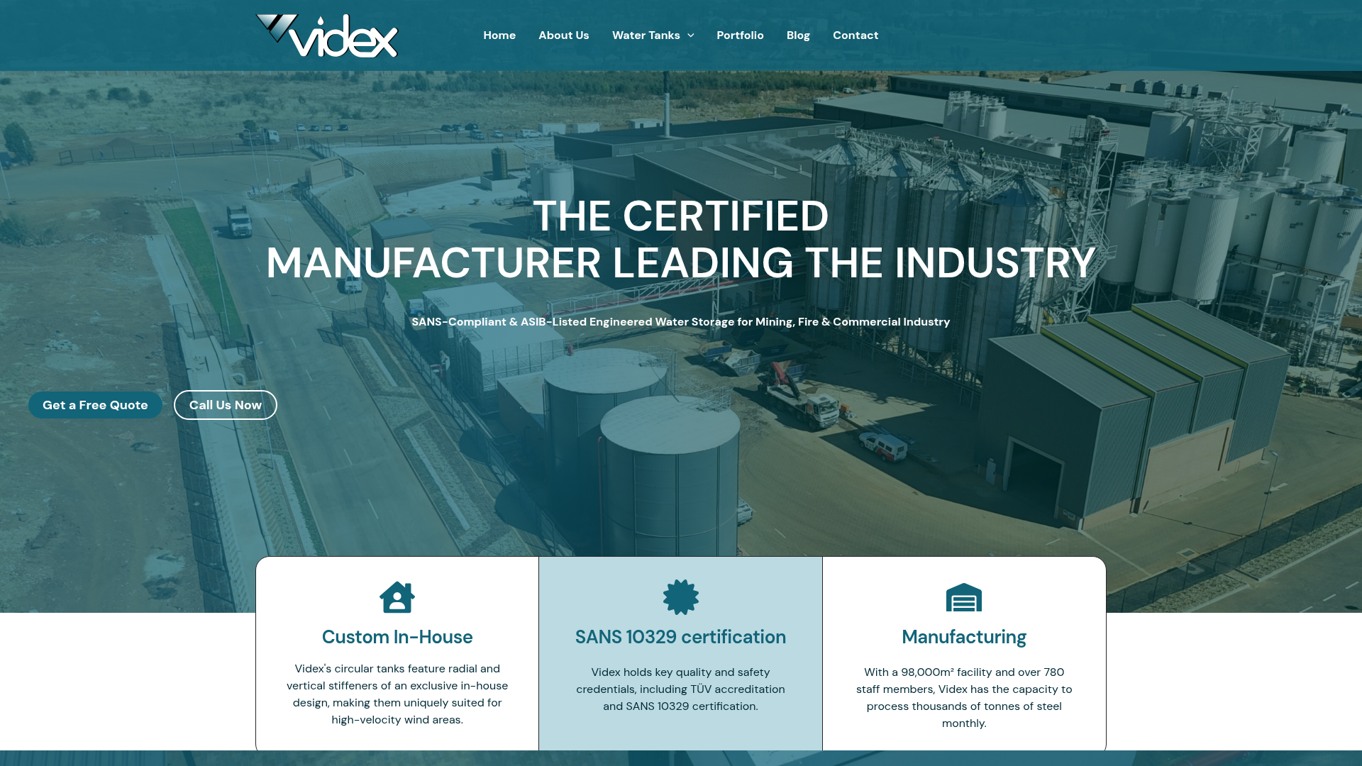 Videx Tanks website screenshot - Water Tank Manufacturing | Bundle Box South Africa